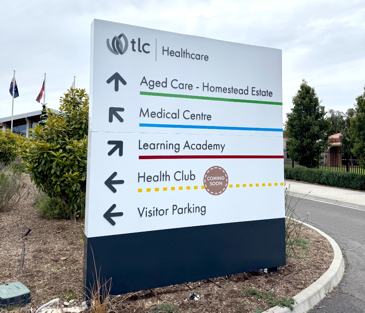 TLC Healthcare pylon sign at The Belmont aged care facility